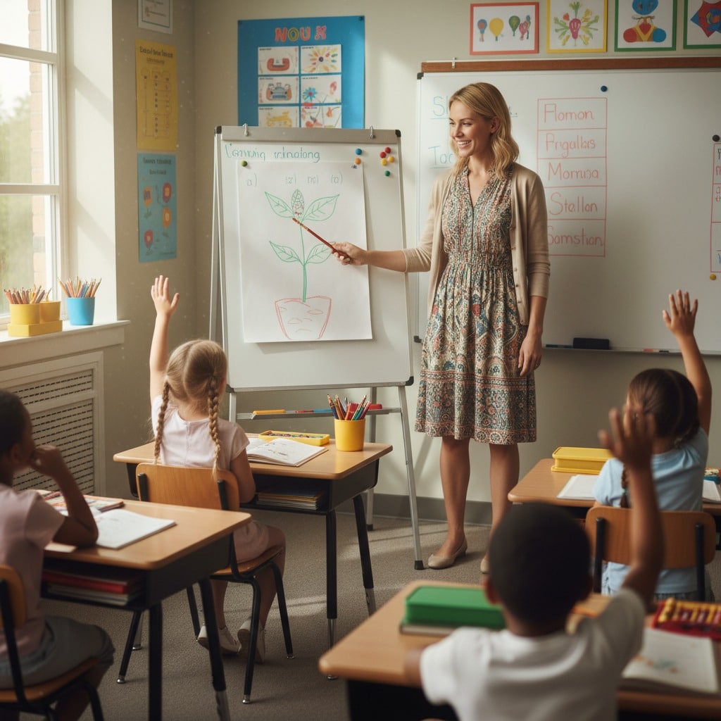 A smiling teacher points to a drawing of a plant on an easel while students in a classroom raise their hands to answer questions.
